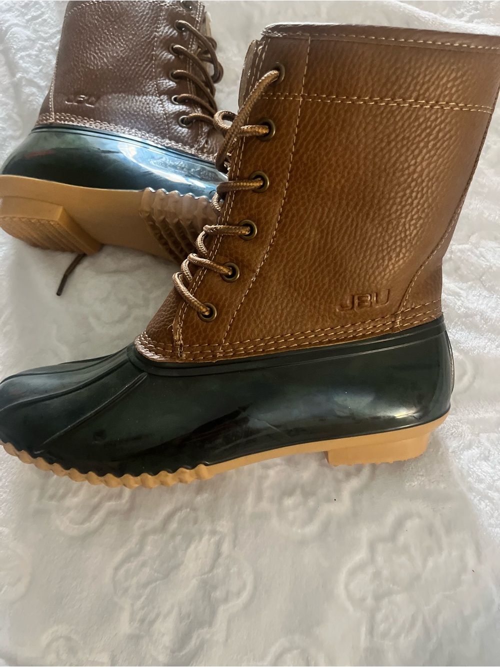 JBU Women's Brown Leather and greenish Black Duck Boots with Tan Sole
